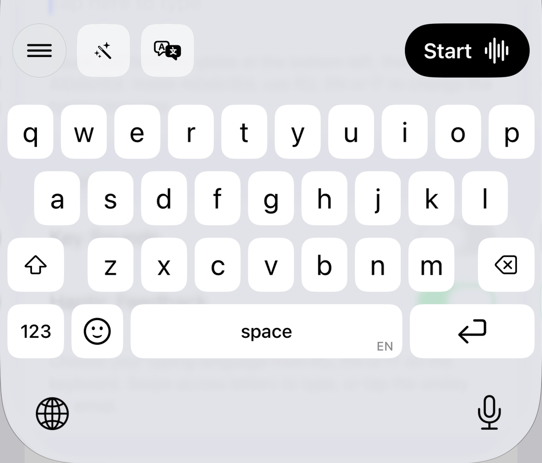 AiDdictEd keyboard on iPhone with menu, style, translation and Start buttons